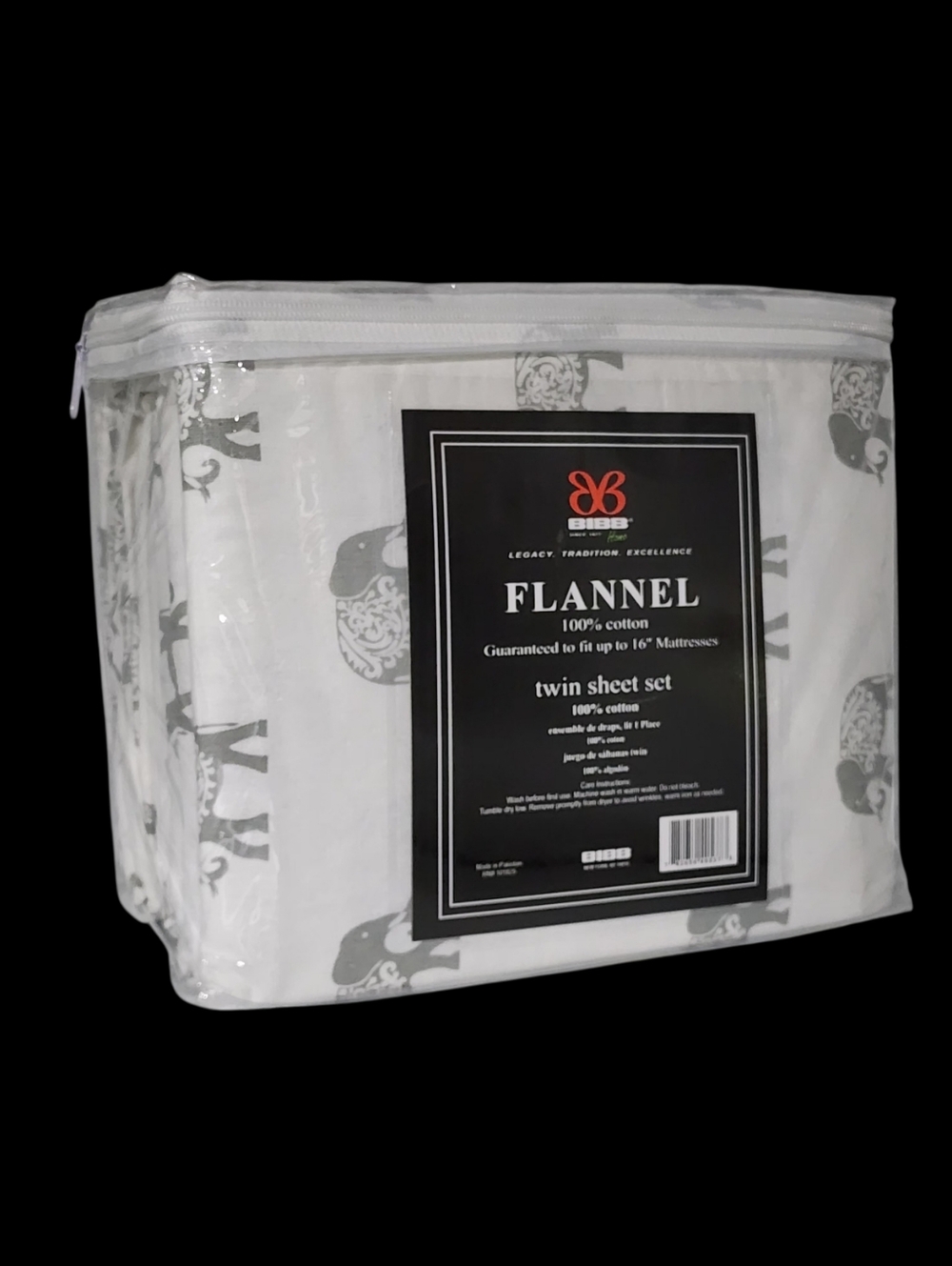 BIBB Home Twin Size Ivory Cotton Flannel‎ Sheet Set of 3pc With Gray Elephants